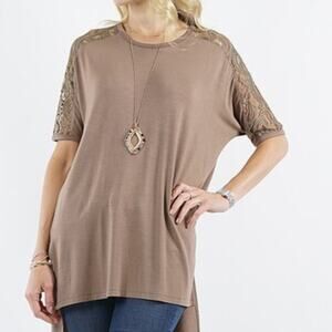 Lydiane Mocha Crewneck Lace-Sleeve Hi-Low Top NWT